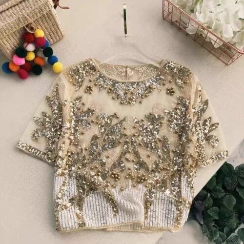 Womens sequined mesh top see-through short-sleeved T-shirts Womens short T-shirts Womens T-shirts 2021 retro elegant beading