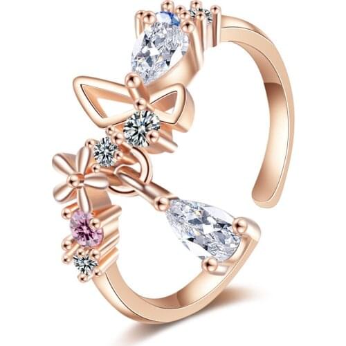 925 Sterling Silver Pink Cubic Zirconia Water Drop Rose Gold Color Ring For Women Korean Sweet Bowknot Simple Jewelry