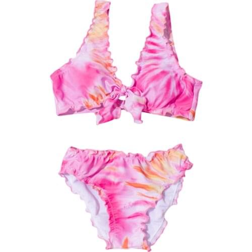 2Pcs Breathable Little Girls Swimwear Suit Summer Children Creative Stringy Selvedge Bow Decoration Split Bikini Swimsuit Set