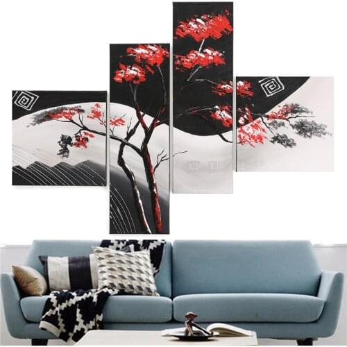 Unframed 4Panel Red Leaves Tree Black White Pop Art 100% Handmade Abstract Oil Painting on Canvas Wall Picture Poster Home Decor