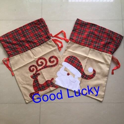 50pcs/lot 2 Styles In Stock High Quality Latest Style Personalized Cute Jute Plaid Santa Sack For Christmas