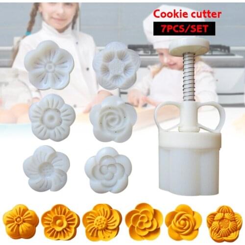 7 Pcs/set Diy Mooncake Mold Pastry Cookie Press With 6 Flower Stamps Kitchen Accessories Re