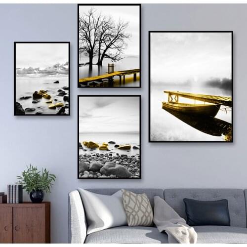 Abstract Landscape Art Golden Boat and Stone Lake Canvas Painting Wall Art Pictures for Living Room Home Decor (No Frame)
