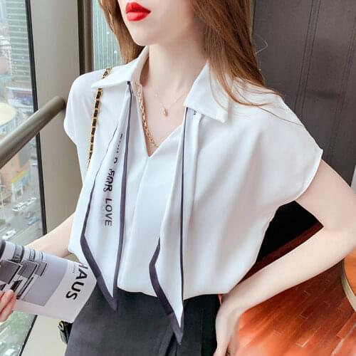 Womens Blouses Summer Tops New V-neck Shirts Korean Solid Color Splicing Loose Short Sleeve Fashion Casual