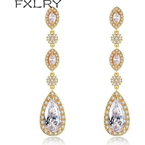 FXLRY Elegant White Color AAA Cubic Zircon Long Water Drop Earrings for Women Wedding Fashion Jewelry