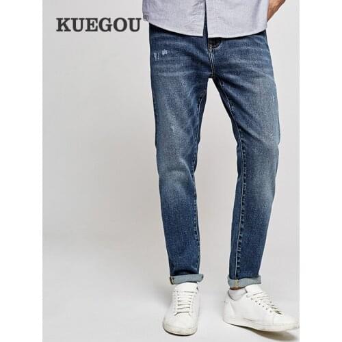 KUEGOU 2020 Spring Blue Skinny Embroidery Jeans Men Streetwear Brand Slim Fit Denim Pants For Male Classic Stretch Trousers 1841