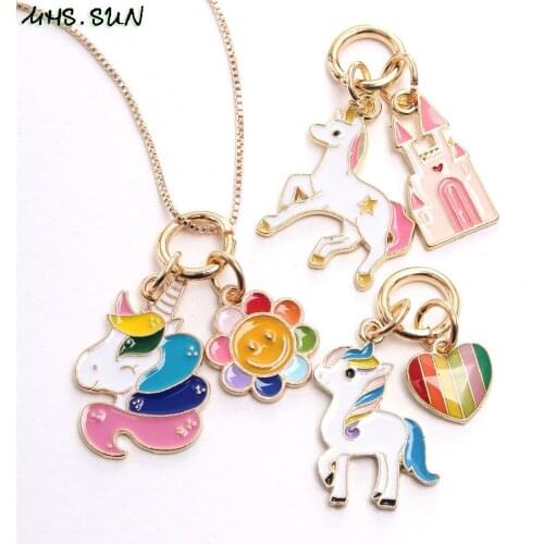 MHS.SUN New Cute Unicorn Charms Necklace Fashion Girls Kids Heart/Cartoon Pendant Jewelry Chain Necklace For Baby Choker 1set