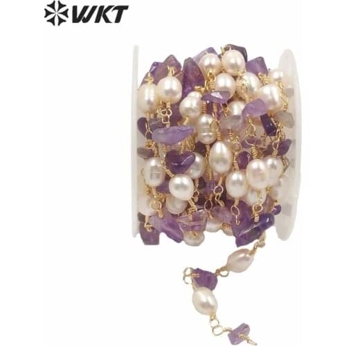WT-RBC165 fashion irregular crushed stone and real pearl rosary beads chain for DIY jewelry design making chain necklac chain
