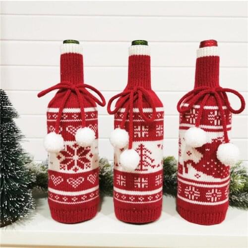 New Knitted Red Wine Bottle Decorative Sweater with Christmas Tree Elk Snowflake Printed Christmas Gift Decorations for Home