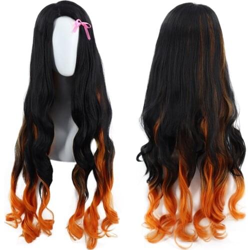 Women Girls Kamado Nezuko Cosplay Wig Anime Demon Slayer Sister Black With Orange Long Wavy Hair 110cm C36K193