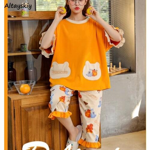 Pajama Sets Women Cartoon Kawaii Soft Sleepwear Design Loose Home Female Underwear Knee-length Summer O-neck Daily Popular New