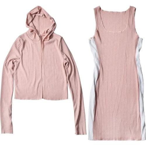 PERHAPS U Women Knitted Blue Pink Sleeveless Dress Mini Dress Sexy Bodycon Sheath Hooded Jacket Two Pieces Set T0414