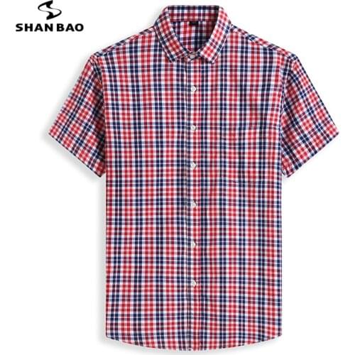 SHAN BAO Large Size Loose Cotton Short Sleeve Shirt 2021 Summer Classic Brand Mens Plaid Shirt Red Blue 5XL 6XL 7XL 8XL 10XL