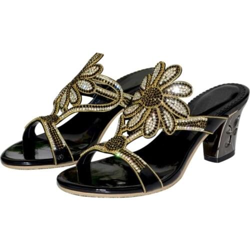 Summer New Womens Slippers Thick High Heel Slippers Hollow Flower Rhinestones Diamonds High Heel Thick Heel Large Size Slippers