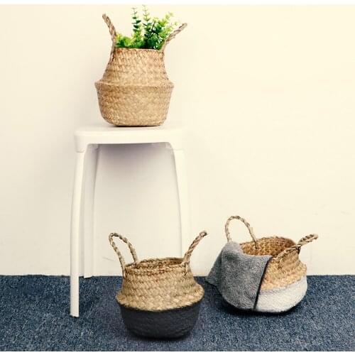 Foldable With Handle Natural Sea Straw Large Textile Organizer Sundries Storage Basket Patchwork Handmade Woven Basket