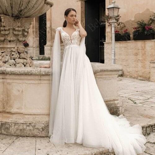 Bride Dresses A Line Wedding Dresses Vestido De Noiva Beach Lace Appliques Backless Bridal Gowns Women 2021 Floor Length Sleeve