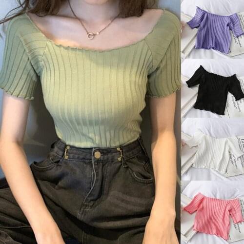 Square-neck Green Stripes Sweater Womens Summer Sweater Off Shoulder Knitting Crop Tops Stretchy Ruffles Hem Sweaters Streetwear