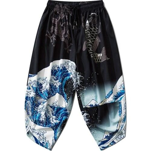 Japanese Kimono Pants Vintage Bloom Pants Harajuku Waves Print Casual Trousers Women Men Traditional Asian Clothing V2066