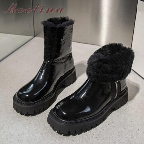 Meotina Platform Med Heel Snow Boots Woman Genuine Leather Ankle Boots Thick Heel Short Boots Zip Female Shoes Winter Warm Black