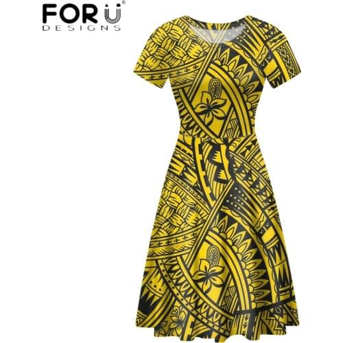 FORUSEDIGNS Fashion Women Long Party Dress Hawaii Flower With Polynesian Tribe Pattern Print Short Sleeves Lady Vestidos Mujer