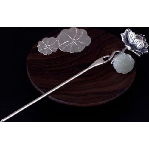 Volta Van 925 Sterling Silver Hair Sticks Jade Vintage Hairwear Fine Jewelry Hairpins 2021 New Elegant Lotus Flower Hair Forks