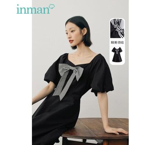 INMAN Autumn Summer Dress Women Kawaii Plaid Bow-Knot Romantic Lantern Sleeve Retro Elegant Short Sleeve One-Piece