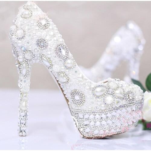 2018 Popular Formal Shoes White Pearls Crystal Luxury Wedding Bridal Dress Shoes Closed Toe Prom Pumps Shoes