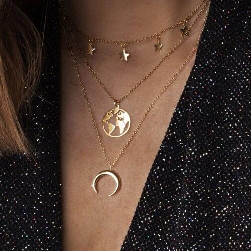2021 Vintage Star Map Moon Necklace For Women Fashion Gold Color Necklace Multiple Layers Pendant Long Necklaces Boho Jewelry