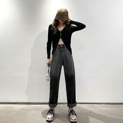 2021 Winter High Full Length Women Jeans Smoky Gray Loose Casual Fake Zippers Jeans for Women