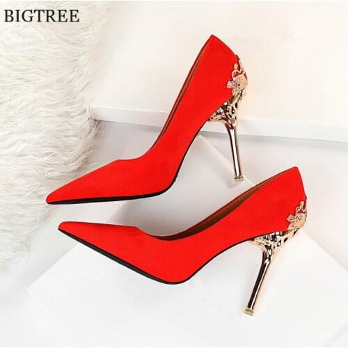 Elegant Thin Metal Heel Women Pumps High Quality Fashion Flock High Heels 10cm Shoes Woman Wedding Shoes Black Red tacones mujer