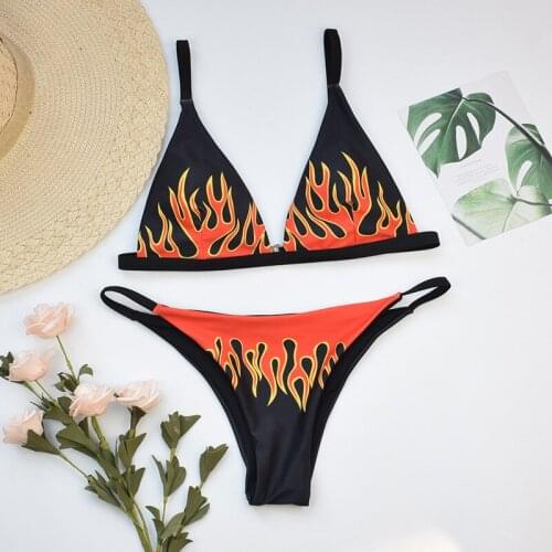 2020 Fire Print Bikini Sexy Off Shouler Women Swimsuit Push Up Plaid Swimwear Brazilian Bikini Set Bathing Suit Maillot De Bain