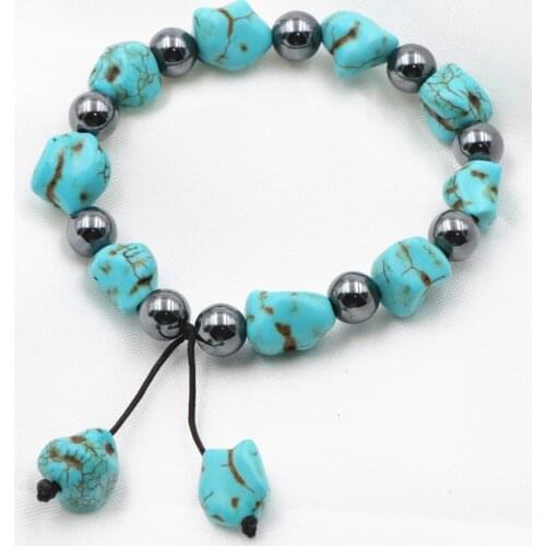 Charms Tassels Bangle Bracelet for Women Irregular Turquoises Hematite Stone Beads Strand Bracelets Wristband Jewelry 7.5" A634