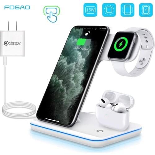 3 in 1 QC 3.0 Fast Charging Station for AirPods 15W Qi Wireless Charger For Apple Watch SE 6 5 4 3 2 iPhone 12 11 XS Samsung S21