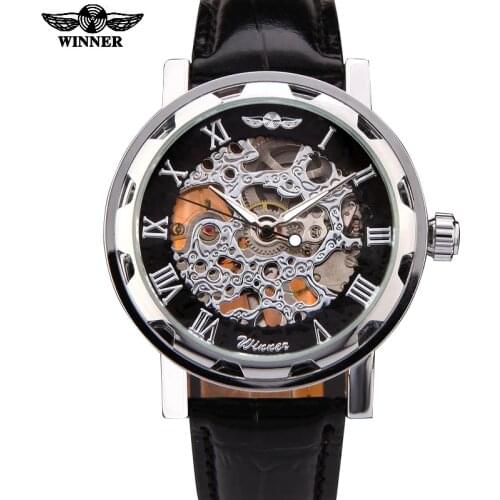 New Winner Hot mechanical Brand men hand wind Skeleton watches male Dress fashion clock style black gold blue color leather band