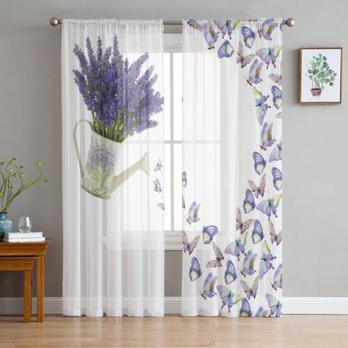 Purple Lavender Butterfly Sheer Curtains for Living Room Bedroom Kitchen Tulle for Windows Voile Drapes Home Decoration