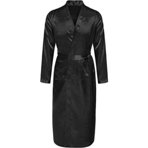 New Black Mens Satin Rayon Robe Gown Solid Color Kimono Bath Gown Lounge Casual Male Nightgown Sleepwear Home Wear