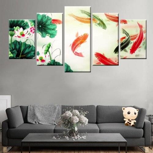 HD Print 5 Pieces Canvas Art Lithium Fish Lotus Poster Landscape Canvas Wall Artist Living Decoration Living Room