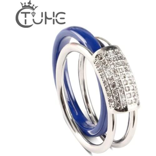 2pcs/Set Cubic Zirconia Crystal Promise Wedding Rings for Women Exquisite Blue Bride Ceramic Accessories Jewelry Rings Wholesale