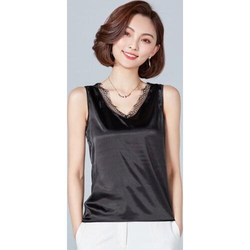 Women Summer tank tops Sleeveless solid color Spliced lace lady casual V-Neck Classic Basic style all-match Satin vest