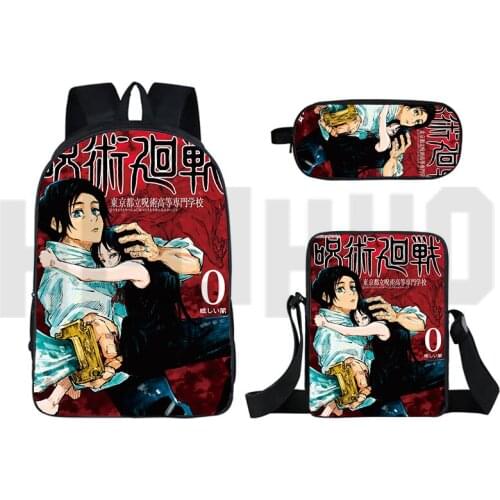 Mochila 3 Pcs/set Jujutsu Kaisen Backpack Men Canvas Zipper Rucksacks Notebook Shoulder Bag Schoolbag Pencil Case Sac A Dos