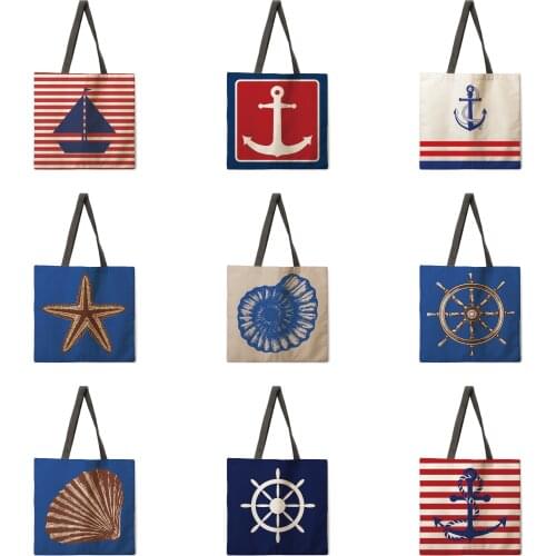 Ocean Sailing Tote Bag Shoulder Bag Linen Fabric Casual Tote Bag Foldable Shopping Bag Reusable Beach Bag