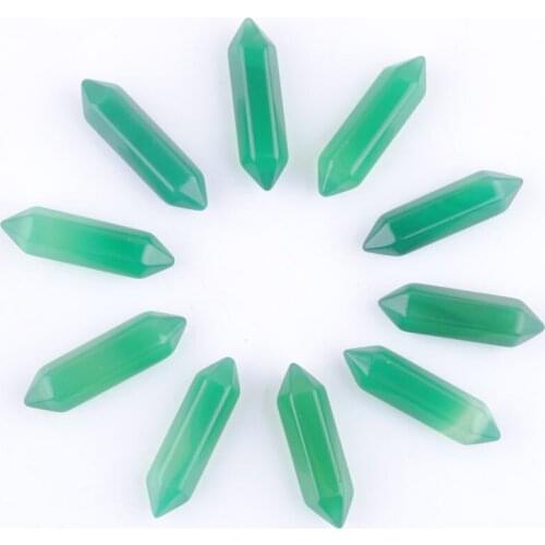 Wholesale 10Pcs Natural Stone Green Agates Hexagonal Pillar Pointed Reiki Chakra No Hole Pendant Beads Jewelry 30x8mm TU3384