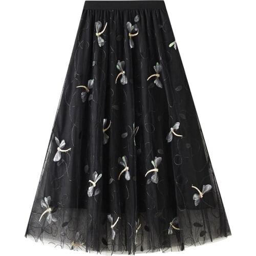 2021 Autumn Winter Fashion Ladies Long Tulle Mesh Skirt Butterfly Embroidery High Waist Skirt A-Line Skirts for Womens Beachwear