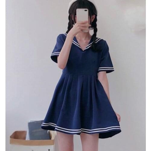 2020 Summer Korean Style Sweet Sailor Suit Pleated Short Sleeve High Waist Dress