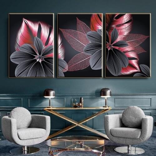 Luxurious floral leaf painting art painting poster of red and black monstera printed on canvas for living room wall decoration