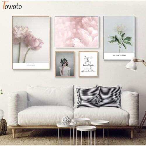 Pink Penoy Flower Canvas Painting Nordic Poster 50x70 Girl with Feather Wall Paintings Motivation Quote Print Modern Wall Art