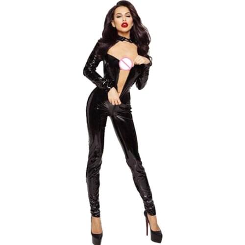 Sexy Women PU Leather Jumpsuit Vinyl Latex Bondage Catsuit Wetlook Leotard Bodysuit Skinny Zip Open Crotch Jumpsuits