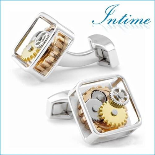 Silver Square Framed Steampunk Gear Watch Mechanism Cufflinks