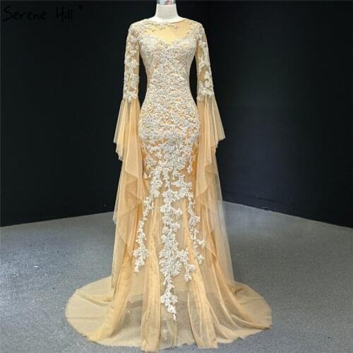 Serene Hill Gold Mermaid Long Sleeve Dubai Evening Dress 2020 O-Neck Beading Handmade Flowers Formal Party Gown CHM67058