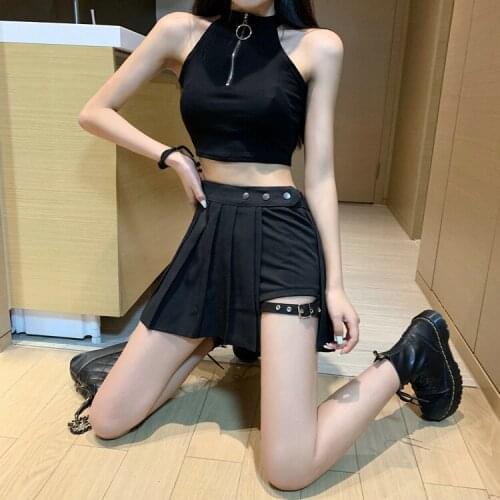 Shorts Skirts Solid Black Mini Sexy Pleated Dark Kilt Korean Kpop Women Girl Sweet Streetwear Kawaii Wrap Dress Leg Ring 2021